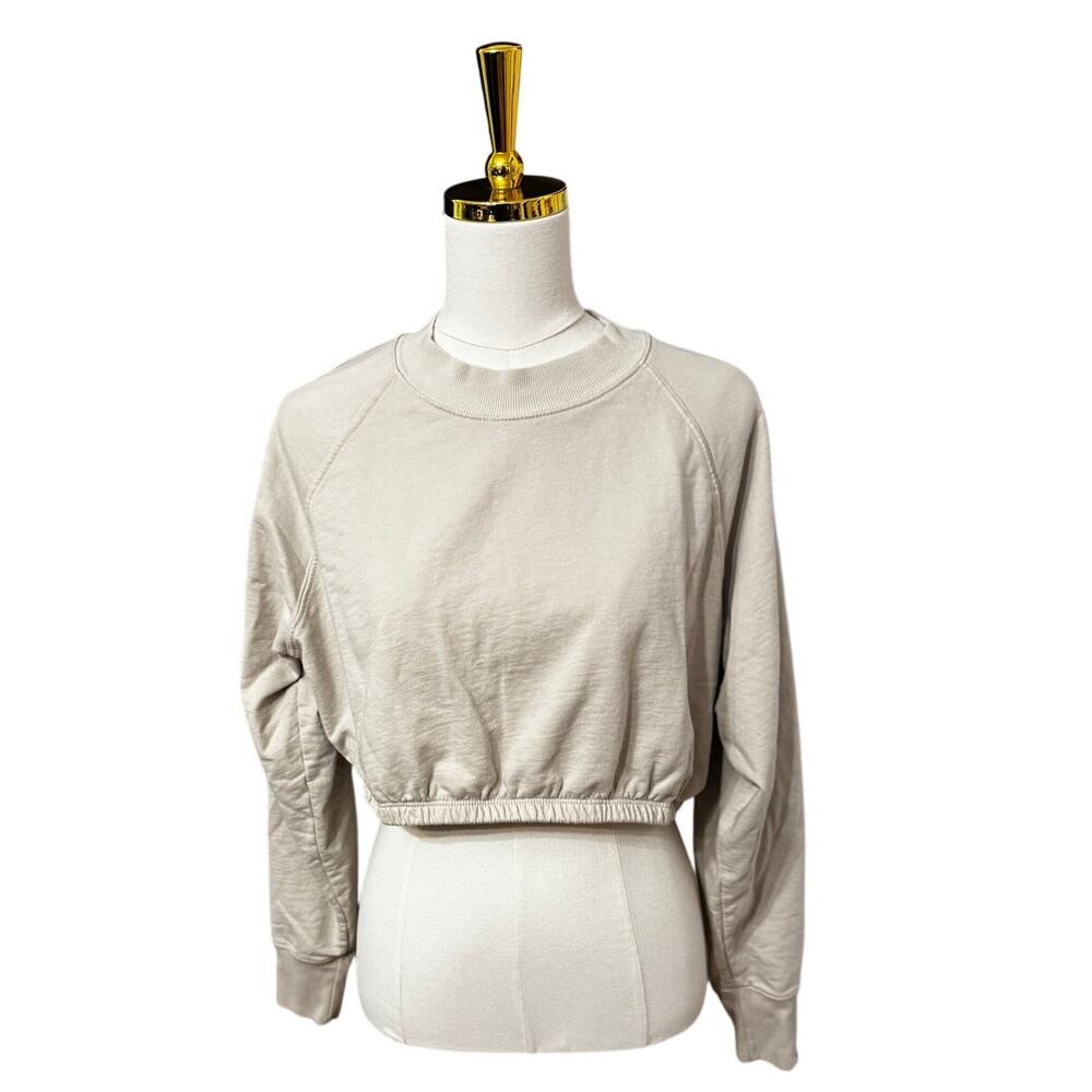 Tan + Lines Valley Elastic Band Cropped Sweatshirt Beige Crewneck 100% Cotton(M)